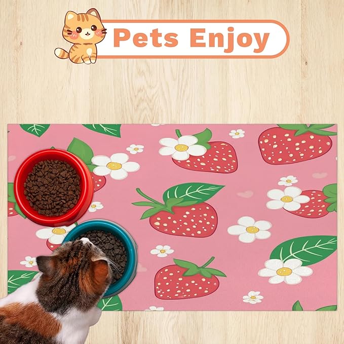 Strawberry Fruit Dog Food Mat for Floors Absorbent Dog Bowl Mat for Food and Water Dispenser Quick Dry Cat Food Placemat Pet Supplies 17" x 30", Cute Floral