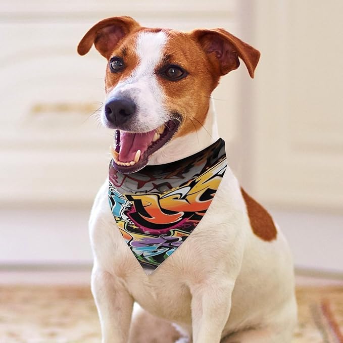 Dog Bandana Spring Pet Scarf Adjustable Triangle Graffiti Hip Hop Printing Dog Bib Washable Polyester Puppy Bandana for Small Medium Large Dogs Cat Birthday Party Supplies