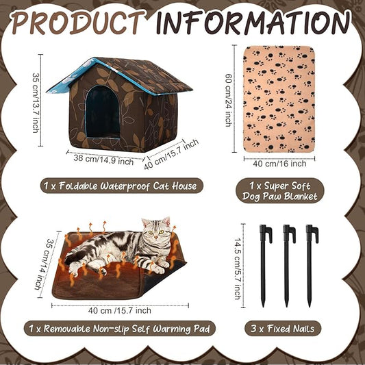 Cat House Outdoor Waterproof Houses for Feral Cats Dogs Pet Shelter Collapsible Dog House with Self Warming Pad Blanket, 3 Pcs Tent Stakes(16 x 15 x 14 Inch)