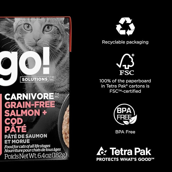 Go! Solutions Carnivore, Grain-Free, Protein Rich Wet Cat Food, Salmon and Cod Pâté, 6.4 oz (Pack of 6)