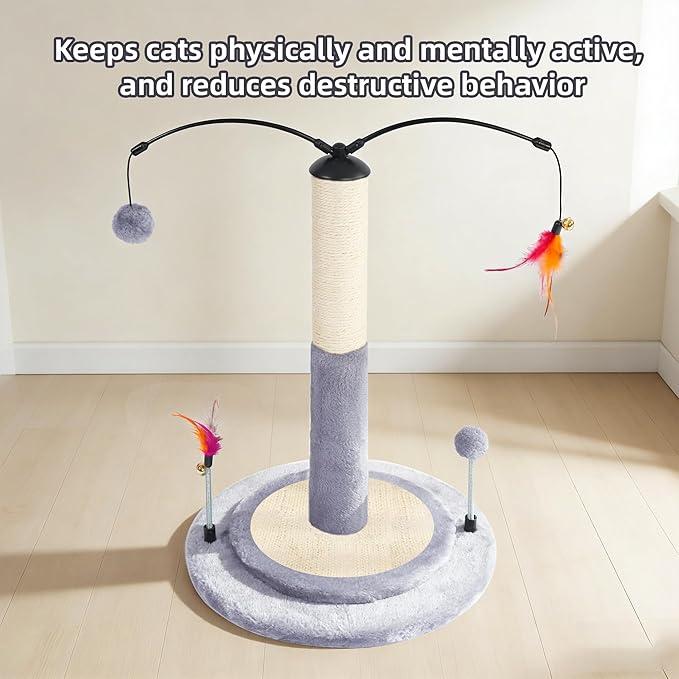 YUNIQUE Cat Scratching Post with Sisal Rope, Small Cat Tree with Dangling Balls & Feather for Kittens (Grey, 22.8'')