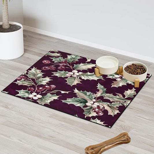 Christmas Holly Dog Food Mat for Floors Absorbent, Quick Dry Water Dispenser Mat for Food, Water, Pet Supplies 12" x 20",