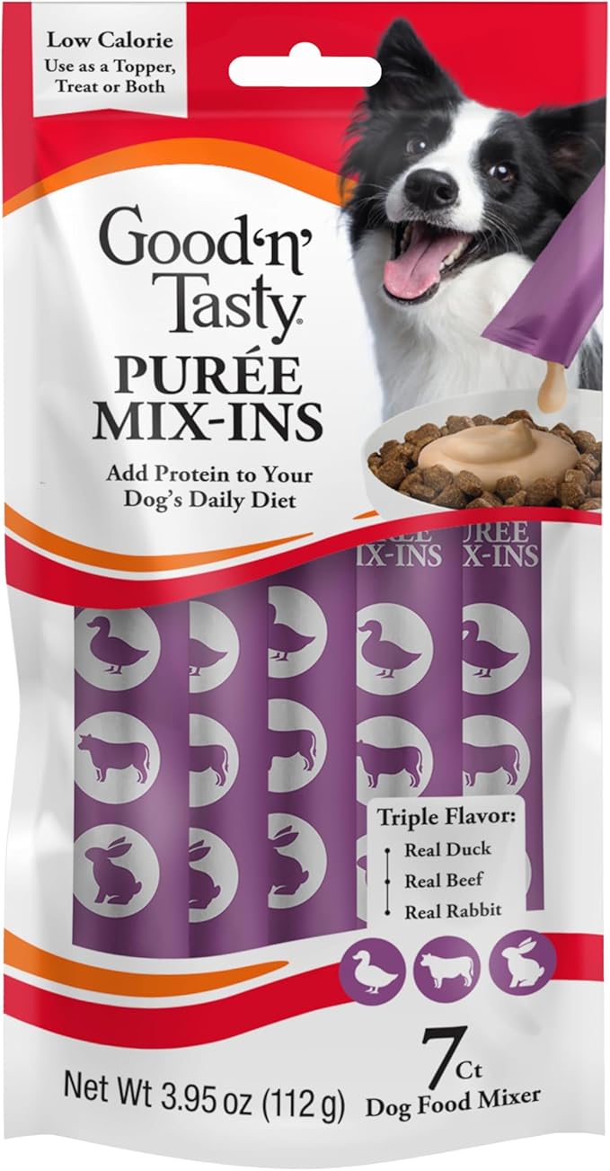 Good 'n' Tasty Triple Flavor Puree Mix-Ins Dog Food Topper Treats for All Dogs, 7 Count, Easy Single-Serve Portions, Added Protein with Duck, Beef and Rabbit, No Chicken Added