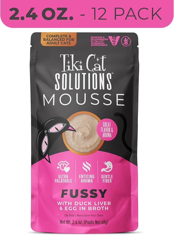 Tiki Cat Solutions Mousse Multipack Wet Cat Food, Fussy, Duck Liver & Egg, 2.4 oz. Pouch (12 Pack)
