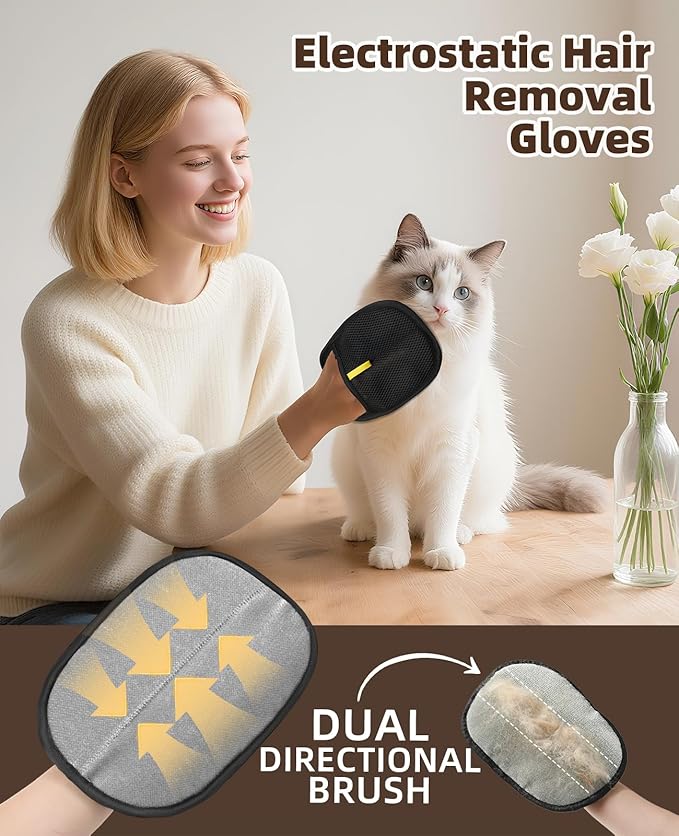 Pet Hair Removal Gloves, Upgraded Pet Hair Grooming Brush for Cats & Dogs, Reusable Electrostatic Pet Hair Remover Tool for Animal Fur, Furniture, Clothing, Carpets, Curtains (Black-6pcs)