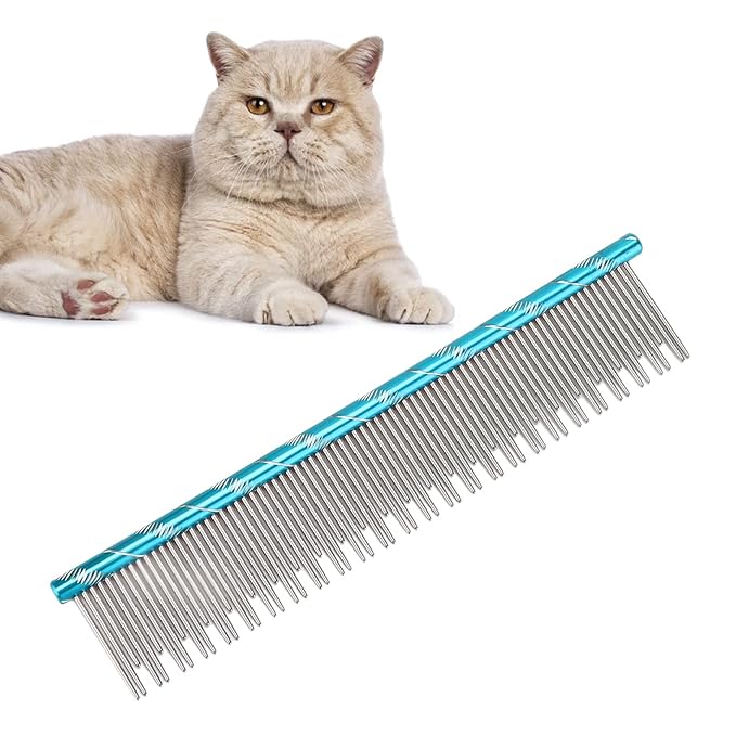 Pet Hair Removal Comb, Stainless Steel Cat Grooming Tool with Dual - Density Teeth, Open Knot Detangling Comb for Long and Short Haired Cats, Ergonomic Non - Slip Handle (Blue)