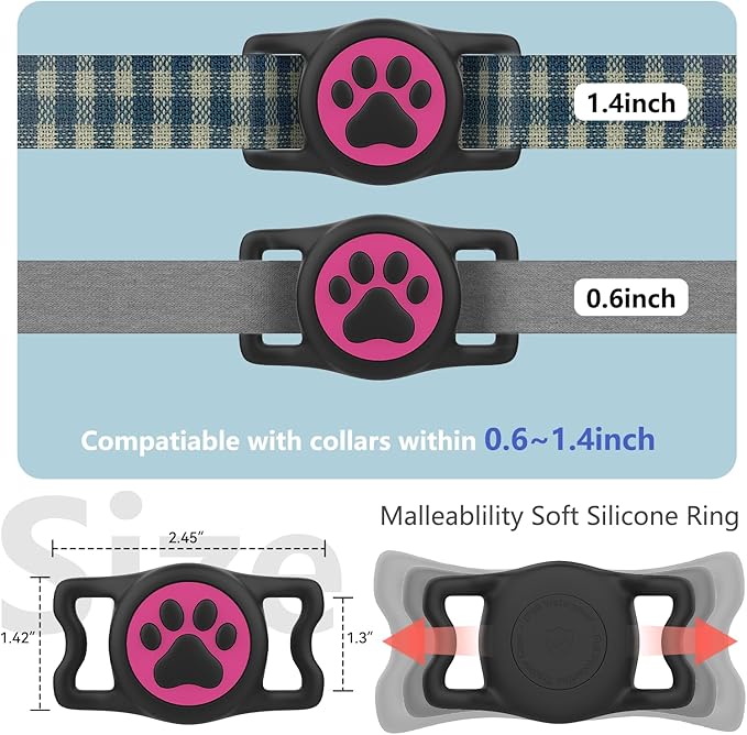 2-Pack Airtag Holder for Dog Collar, Waterproof Silicone Protective Case Cover, Anti-Lost Tracker Universal Fit for All Width Pet Collars (Rose Red&Blue)