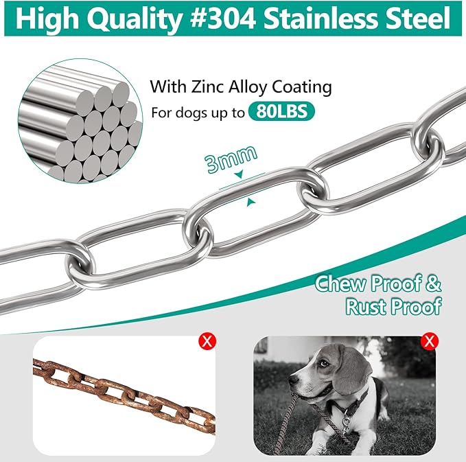 Tresbro Heavy Duty Dog Chains for Outside, 25FT Stainless Steel Tie Out Cable with Swivel Hook for Small Medium Dogs, Metal Chew Proof Pet Runner Chain Leash Lead for Outdoor Camping Hiking Yard, 3MM