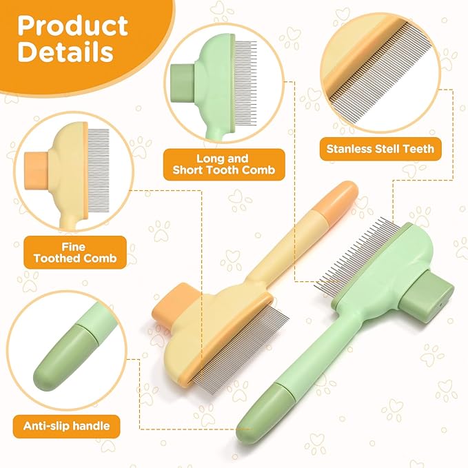 2pcs Cat Lice Comb Pet Hair Removal Tool Cat Brush For Indoor Cats, Self-Clean Pet Comb, Flea Comb Brush For Shedding