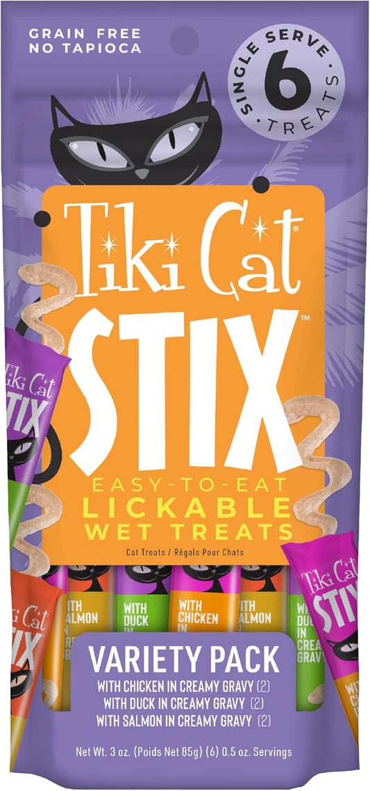 Tiki Cat Stix Wet Treats, Grain Free Lickable Smooth Mousse Blend in Creamy Gravy, Variety Pack 6 Stix 1 Pouch