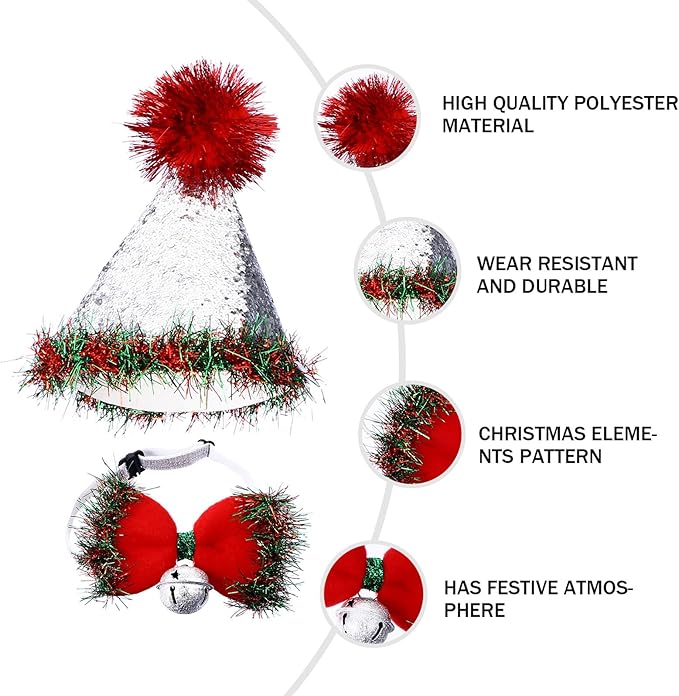 Gadpiparty Christmas Pet Hat Red Bow Tie with Bell Set Soft Fabric Dog and Cat Cap Costume Accessories for Holiday Party 2pcs Festive Pet Supplies