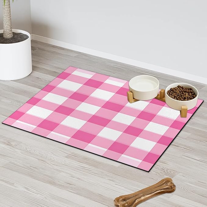 Pink Checkered Dog Food Mat for Floors Absorbent, Quick Dry Water Dispenser Mat for Food, Water, Pet Supplies 17" x 30", Buffalo Plaid