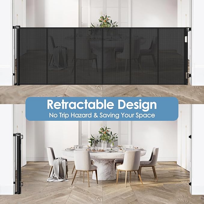 Reinforced 150 Inch Retractable Baby Gates Extra Wide Dog Gate with Support Rods, Upgrade Extra Long Baby Gate for Doorways 12 Ft Extra Large Pet Gate Indoor Outdoor Mesh Dog Gate for The House, Black