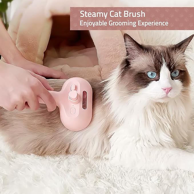 Bunny Ferret Steam Brush Release Button Self Cleaning Spray Comb for Long and Short Hair Cats Rechargeable Steaming Cat Grooming Brush Steamer to Remove Loose Hair (Pink)