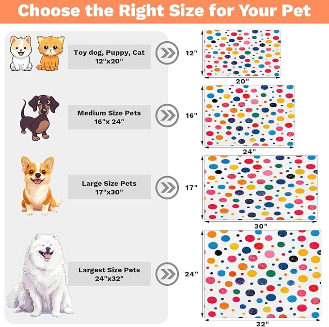 Polka Dot Dog Food Mat for Floors Absorbent Dog Bowl Mat for Food and Water Dispenser Quick Dry Cat Food Placemat Pet Supplies 16" x 24", Colorful Circle