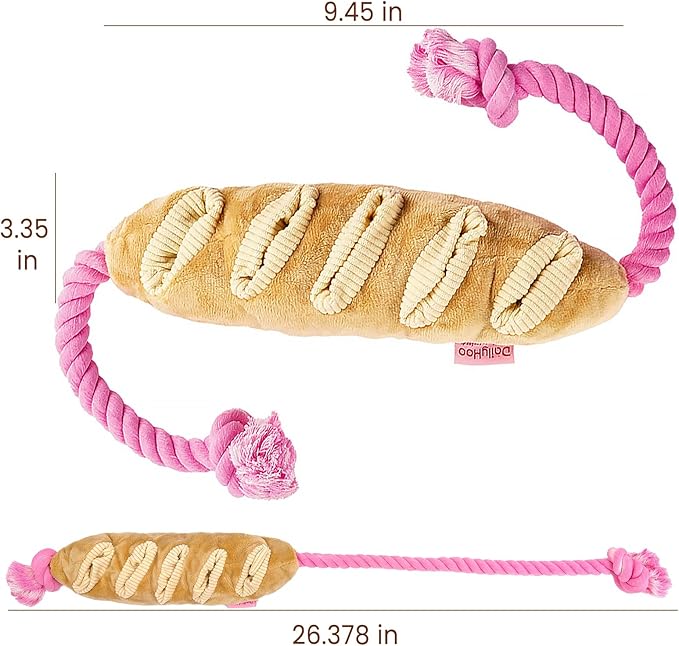 Baguette Dog Snuffle Toy, Interactive Crinkle Plush Chew Toys with Rope for Large Medium Small Dogs, Hide and Seek Treat Dispensing Puzzle for Puppy Boredom Relief, Brain Stimulation Foraging