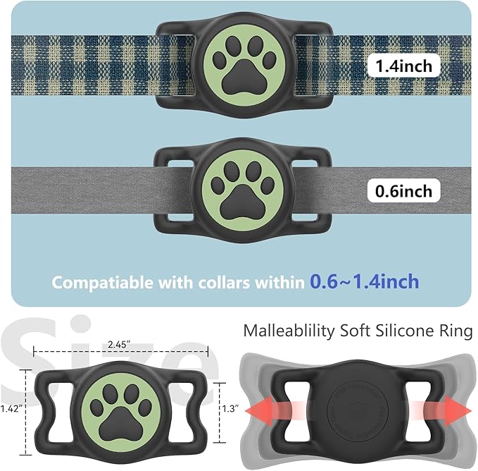 2-Pack Airtag Holder for Dog Collar, Waterproof Silicone Protective Case Cover, Anti-Lost Tracker Universal Fit for All Width Pet Collars(Black with Night Glow&Black with Night Glow)