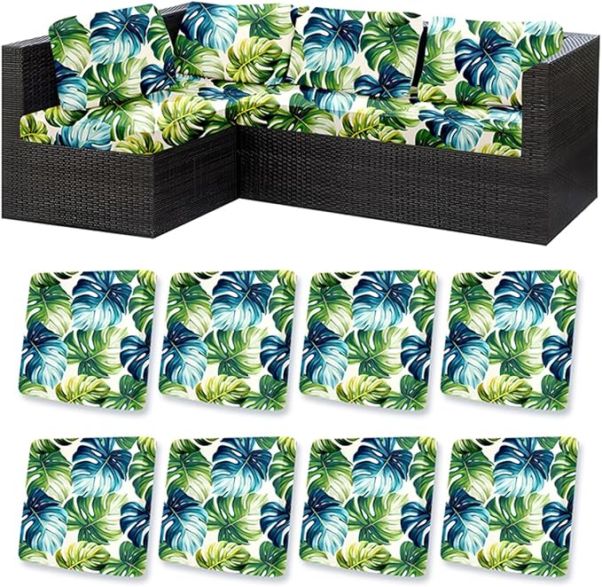 HANDONTIME 8Pcs Outdoor Patio Cushion Covers Green Leaves Stretch Couch Cushion Cover Patio Couch Slipcover for Outdoor Washable Non-Slip Furniture Protector for Pet Sofa Cover(Green,Cover Only)