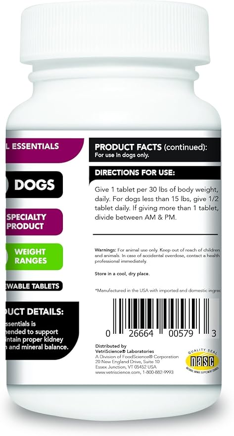 VetriScience Kidney Health Chewable Tablets, Renal Essentials Supplement for Dogs, Urinary Tract and Kidney Support with Mushroom, Astragalus Root, Nettle Seed and Herbs, Smoke, 60 Count