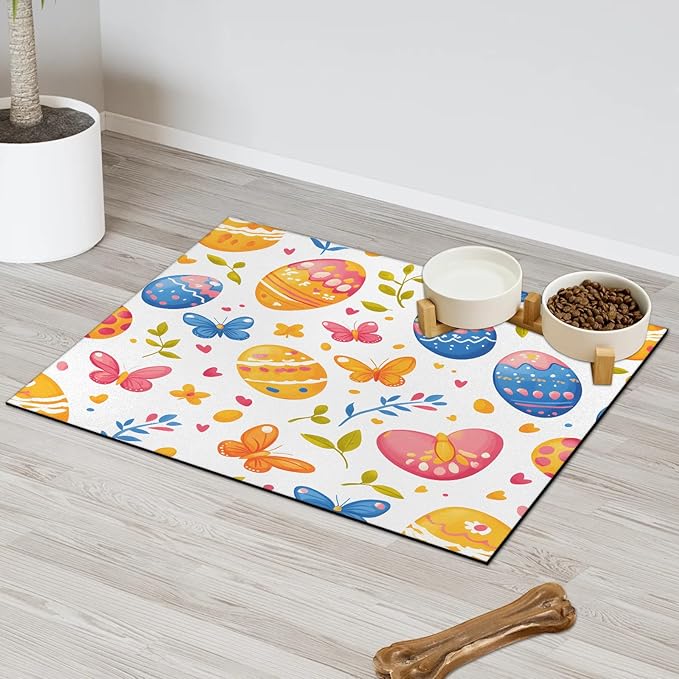 Easter Egg Dog Food Mat for Floors Absorbent Dog Bowl Mat for Food and Water Dispenser Quick Dry Cat Food Placemat Pet Supplies 12" x 20", Butterfly Leaf
