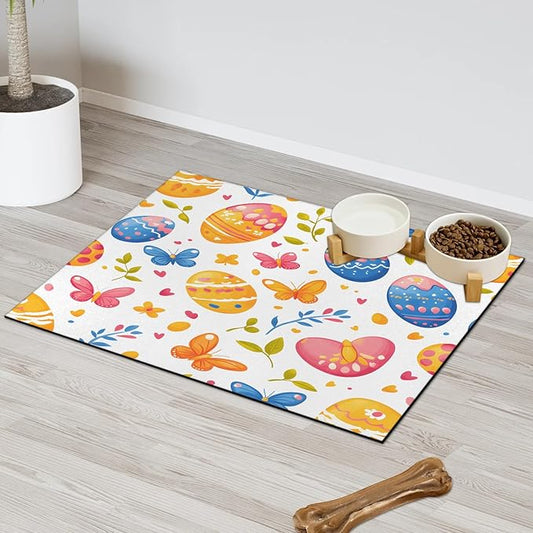 Easter Egg Dog Food Mat for Floors Absorbent Dog Bowl Mat for Food and Water Dispenser Quick Dry Cat Food Placemat Pet Supplies 16" x 24", Butterfly Leaf