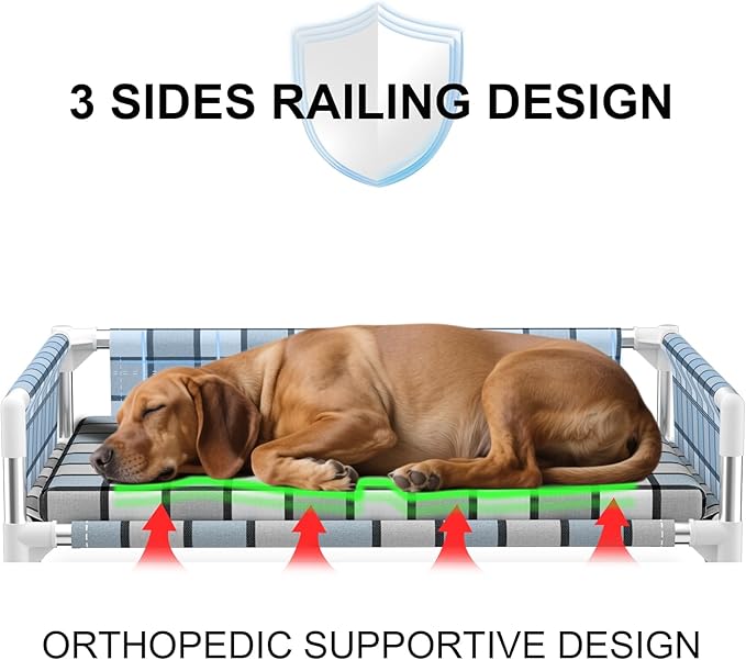 Elevated Raised Outdoor Dog Bed - Cooling Washable Dog Cot with Guardrail, Durable & Breathable Cotton Mesh Pet Hammock Beds with Stainless Steel Pipe Frame for Small Pets (Cushion-M)