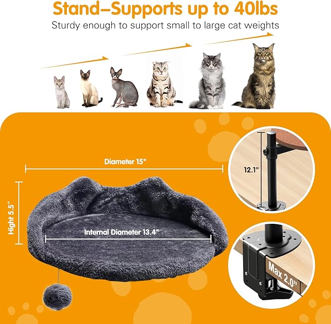 Cat Desk Bed with Adjustable Steel Frame - Faux Fur Fabric Elevated Bed for Indoor - Multi-Functional Pet Cats Mount,Furniture,Perch,Shelf,Raised,Stand-Supports up to 40lbs