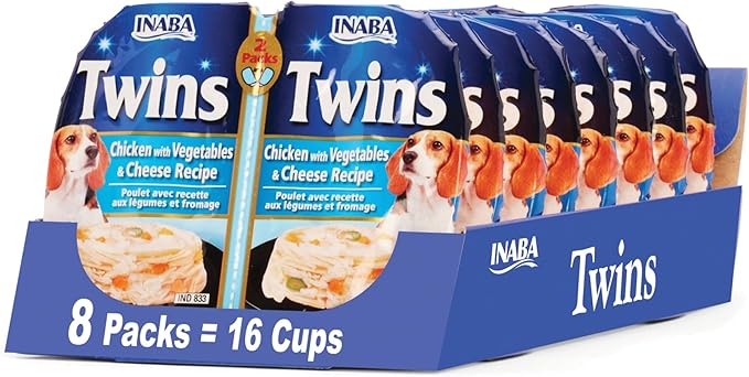 INABA Twins for Dogs, Side Dish/Topper Cups, 1.23 Ounces per Serving, 16 Servings, Chicken with Vegetables & Cheese Recipe