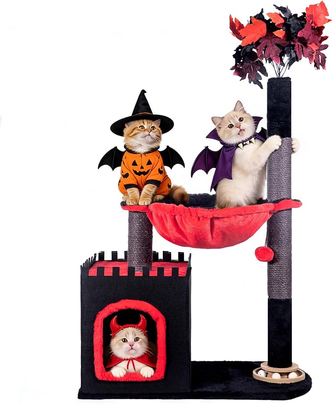 Cat Tree 38" Tower with Large Hammock, Scratching Post for Indoor Cats with Condo, Cat Furniture Track Balls and Bouncy Ball, Red Black