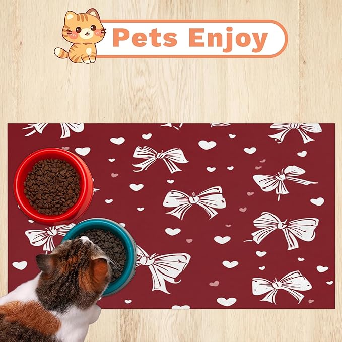 Christmas Bow Dog Food Mat for Floors Absorbent, Quick Dry Water Dispenser Mat for Food, Water, Pet Supplies 17" x 30", Cute Love