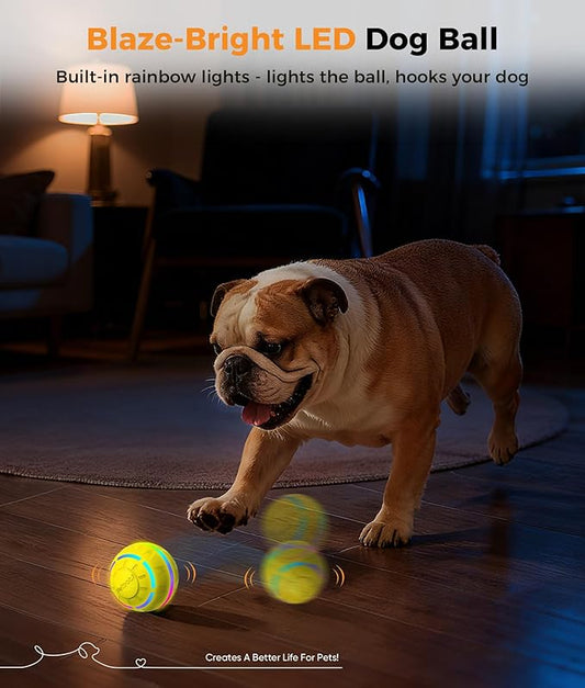 Petbobi Interactive Dog Toys – USB Rechargeable Automatic Rolling Ball with LED Lights, Active Bouncing Ball for Small Medium Pets to Exercise, Dog Toys to Keep Them Busy, Durable TPU Shell, Yellow