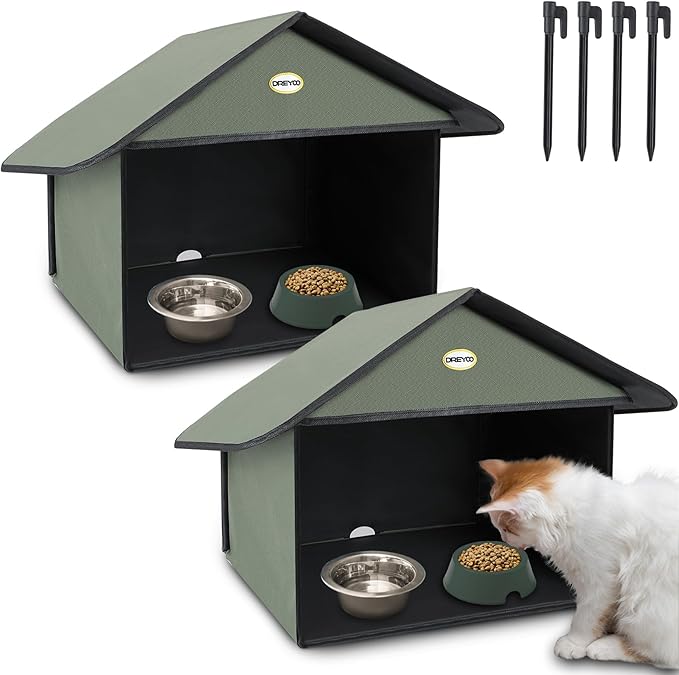 Dreyoo Outdoor Cat Feeding Station for Food & Water, Weatherproof Outdoor Kitty Dining Room Cat Shelter for Stray, Feral Cats and Community Cats, 13”d x 17”w x 15.5'h(2 Pack,Dark Green)