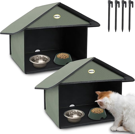 Dreyoo Outdoor Cat Feeding Station for Food & Water, Weatherproof Outdoor Kitty Dining Room Cat Shelter for Stray, Feral Cats and Community Cats, 13”d x 17”w x 15.5'h(2 Pack,Dark Green)