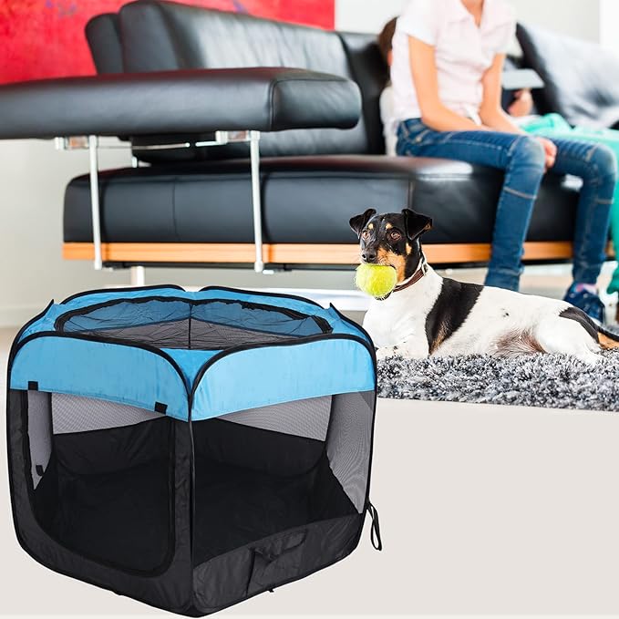 Portable Dog Playpen Cat Tent,Pop Up Playpen for Small Middle Dogs Cats Pet Tent Playground,Indoor Outdoor,37x37x24,Blue/Black,1Pack