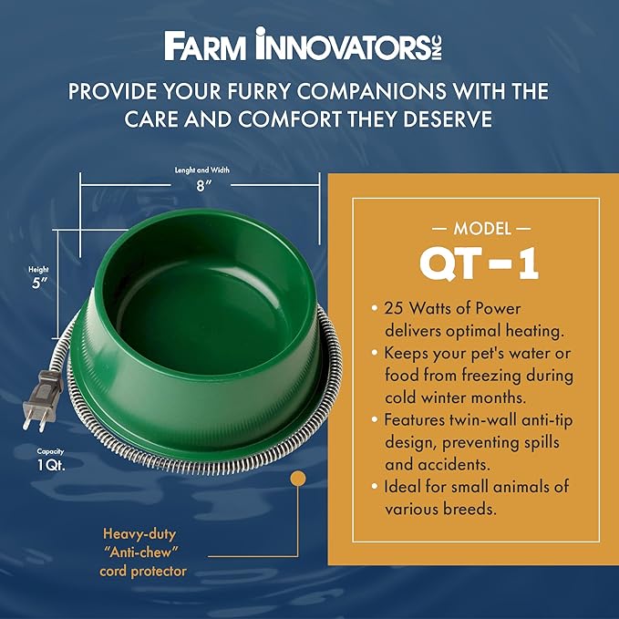 Farm Innovators QT-1 1 Quart Electric Heated Pet Water Bowl with Thermostatic Control and Anti Chew Cord Protector, 25 Watt, Green (4 Pack)