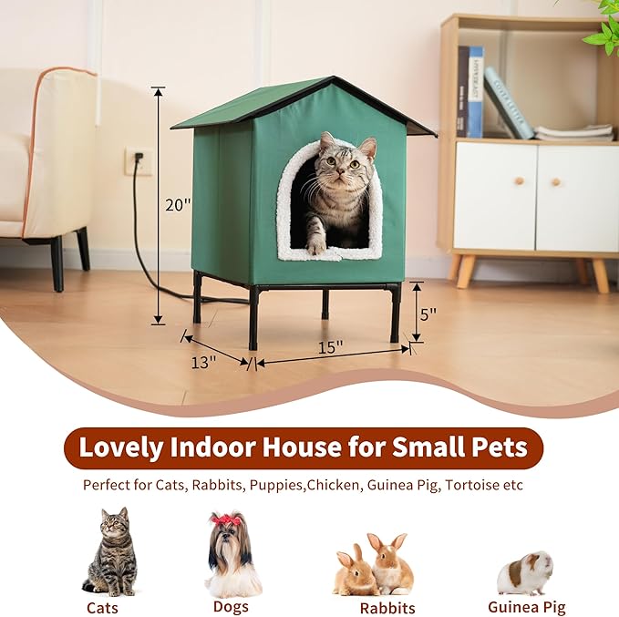 Heated Cat House for Indoor/Outdoor Use, Elevated/Insulated Feral Cat House, Heated Cat Bed with Pets Heating Pad, Warm House for Outside Stray Cats (Green,Medium)