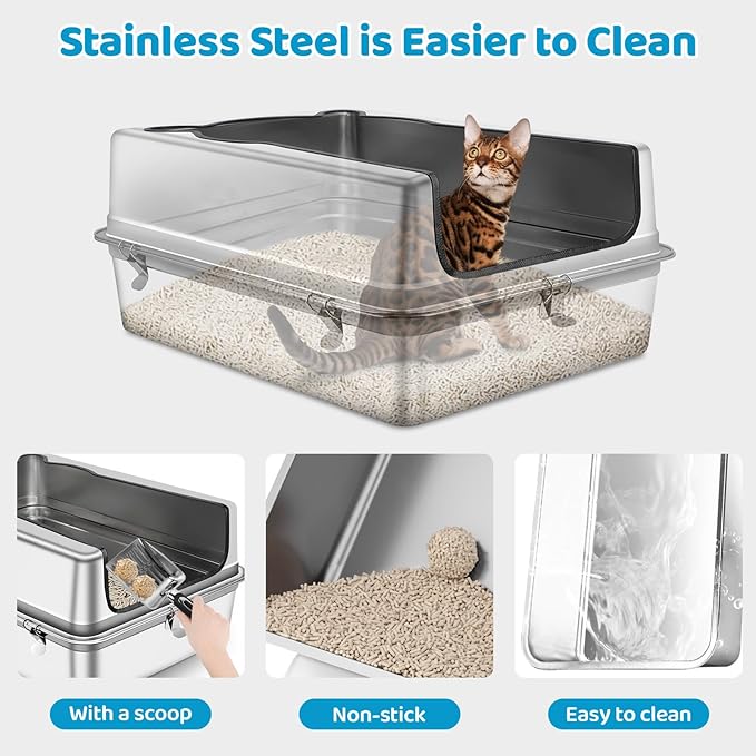Extra Large Stainless Steel Cat Litter Box, 27.5" L x 19.7" W x 14" H XXXL Semi Enclosed Removable Metal Litter Tray with High Sided Enclosure, Scoop, Anti-Leakage, Non-Sticky, Easy Cleaning