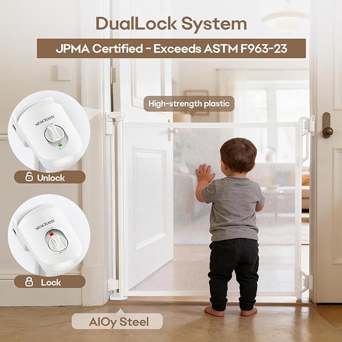 Retractable Safety Baby Gate or Mesh Dog Gate,Durable Portable Mesh Retractable Gate,Easy to Use for Stairs, Doorways, Hallways, Indoor, Outdoor, 33.5" Tall, Extends to 55" Wide,White