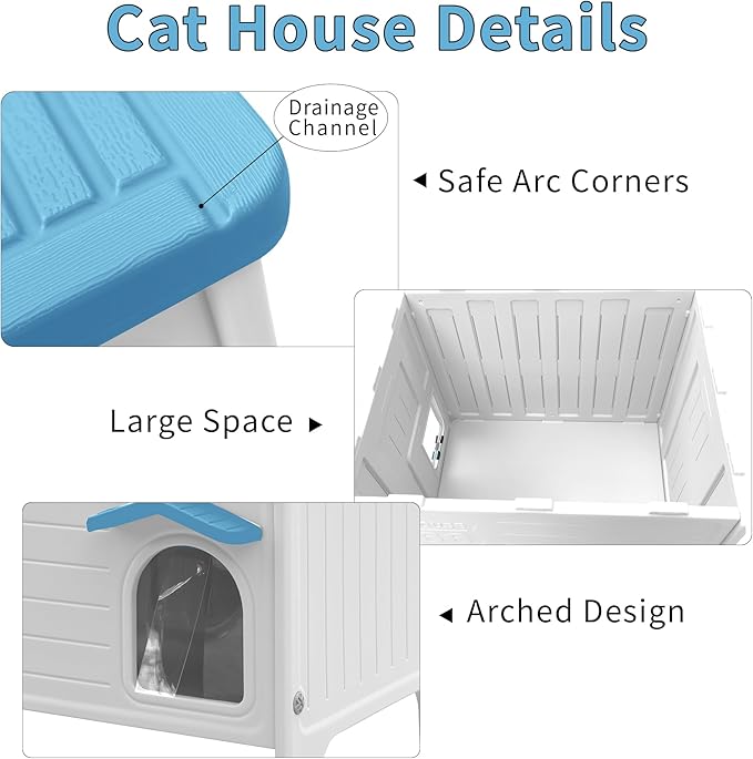 Rockever Insulated Outdoor Cat House, Waterproof Cat House for Outdoor Cats with Escape Door, Plastic Feral Cat House Outdoor Indoor, Spacious and Clean Easily (Blue,M)