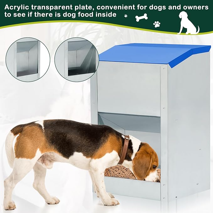 2 Pcs 25 Lbs Large Automatic Dog Feeders with Handle Acrylic Panel Galvanized Gravity Feeder Outdoor Hanging for Doggie Breed Dog Food Dispenser Container(Blue)