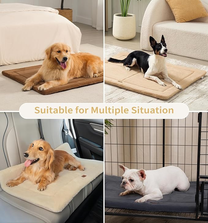 Made4Pets Dog Crate Pad Bed for Large Dogs, Washable & Reversible, Anti-Slip Kennel Mat for Cozy Sleeping, Soft Fluffy Dog Bed for Indoor & Outdoor Use, 44"x32", Beige