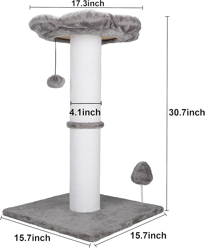 Heavy Duty Cat Scratching Post 30 Inch Cotton Rope Cats Scratcher with Flower Cat Perch & Hanging Ball for Indoor Cats Tall Cat Post(Grey)