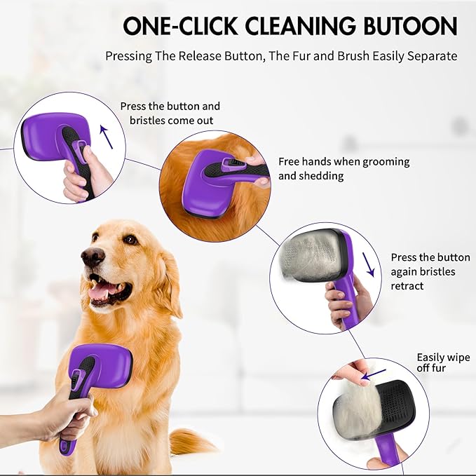 3PC Dog Brush Kit - Self-Cleaning Slicker Brush with Bath Brush & Undercoat Rake | Deshedding Tools for Large - Small Dogs & Cats, Professional Pet Grooming Set for Heavy Shedding, Purple