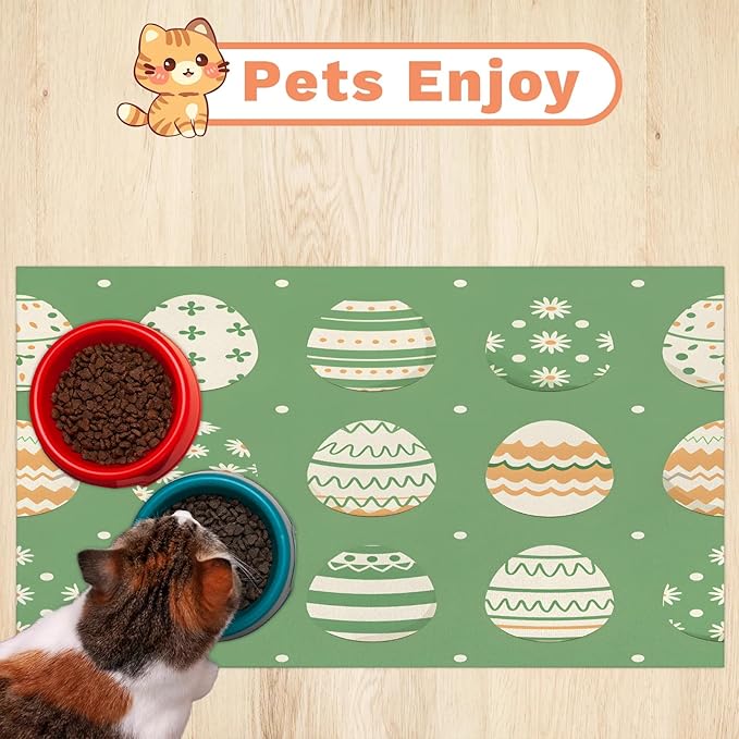 Easter Egg Dog Food Mat for Floors Absorbent Dog Bowl Mat for Food and Water Dispenser Quick Dry Cat Food Placemat Pet Supplies 12" x 20", Colorful Eggs
