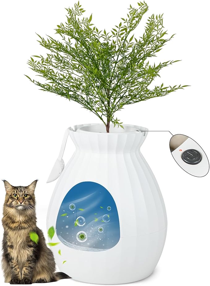 Tangkula Plant Litter Box, Hidden Cat Litter Box Enclosure Furniture with Smart Odor Control System, Artificial Plant, Large Planter Litter Box with Door Curtain, Pebbles, Scoop for Cats, Kitty