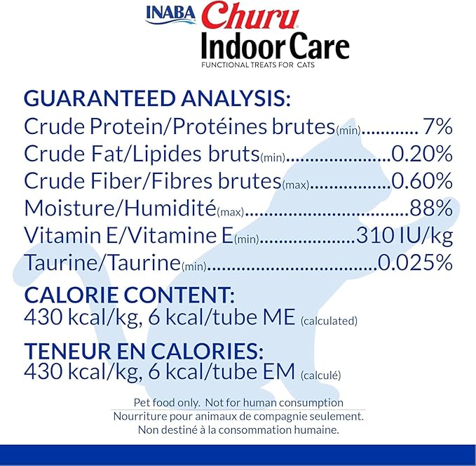 INABA Churu for Cats, Functional, Creamy Lickable Purée Cat Treat for Indoor Care and Hairball Control with Taurine & Vitamin E, 0.5 Ounces Each, 48 Tubes (4 per Pack), Chicken Recipe