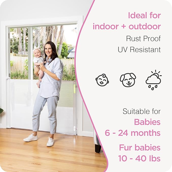 Retractable Baby Gate Perma Child Safety 41" Tall x 71” Wide, Mesh, for Stairs, Doorways, Dogs, Pets, Indoor, Outdoor, One-Handed Operation, Locking, Easy Install, Hardware Mount, White