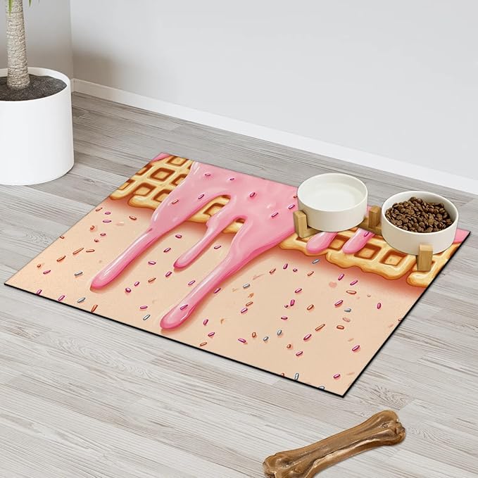 Pink Ice Cream Dog Food Mat for Floors Absorbent Dog Bowl Mat for Food and Water Dispenser Quick Dry Cat Food Placemat Pet Supplies 16" x 24", Waffle