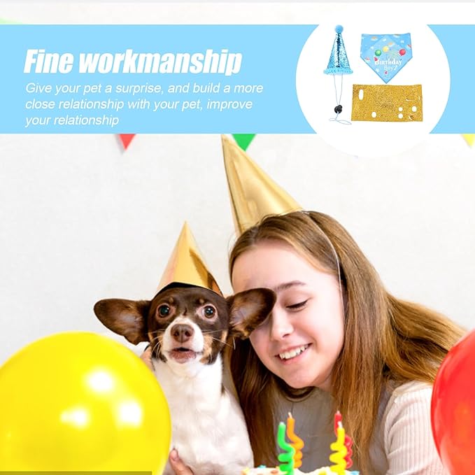 Unomor Dog Birthday Bandanas Party Hat Set 3pcs Blue Pet Birthday Accessories for Puppy Celebration for Pet Party Supplies