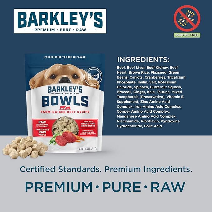 Barkley’s Bowls, Freeze-Dried Raw Beef Dog Food, Fresh Whole Food Ingredients with Farm-Raised Beef, Grain Free, High Protein for Balanced Nutrition, Dog Treats or Topper, 16 Oz Bag (6 Pack)